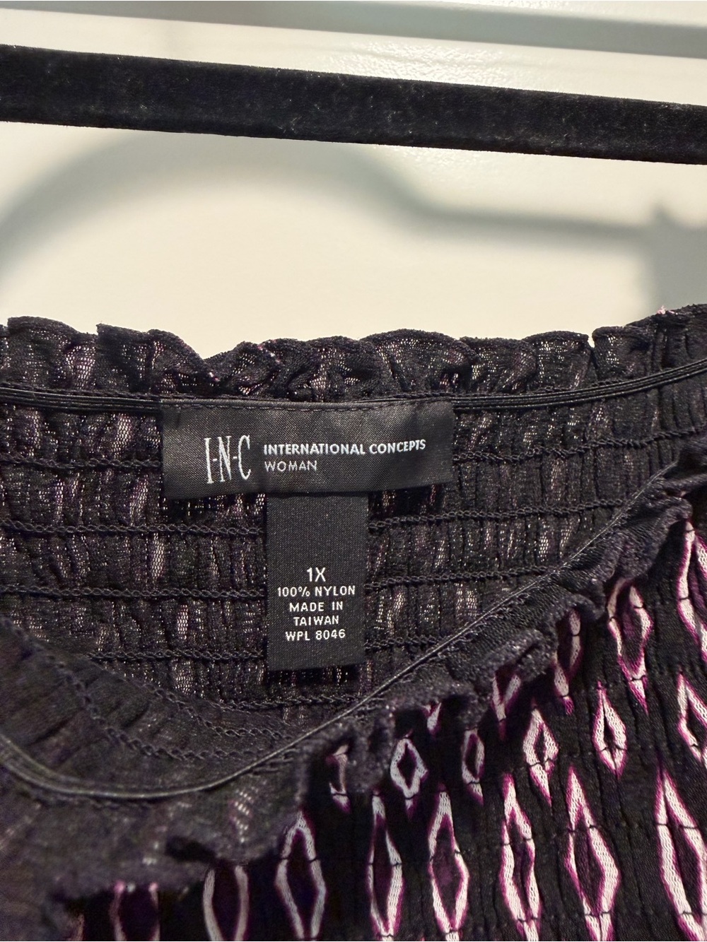 INC International Concepts Black and Purple Smocked Nylon Top - L